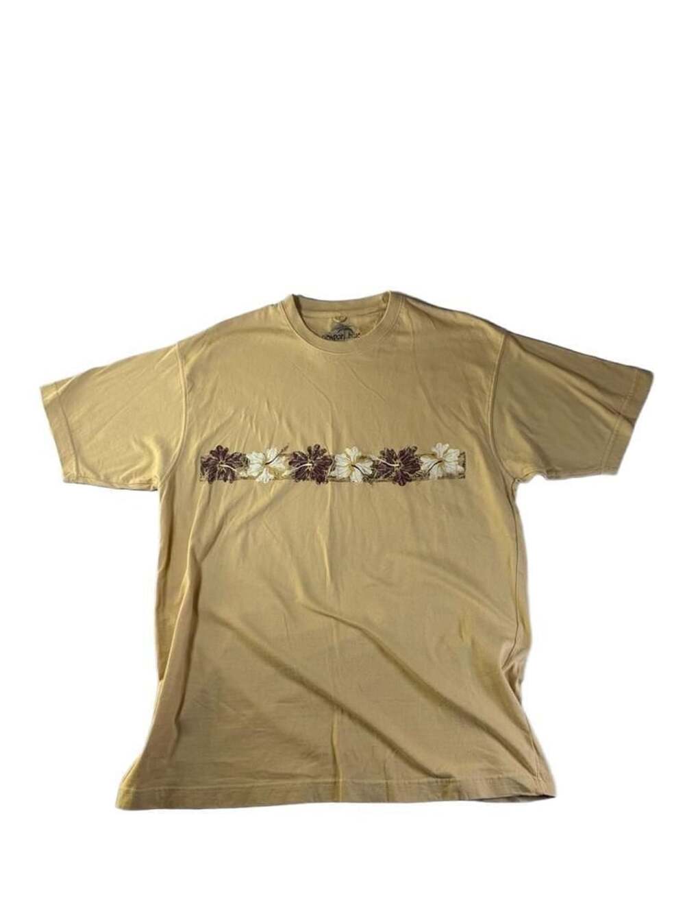 Vintage Newport Blue Yellow Hibiscus Floral Print Short Sleeve T-Shirt Size L